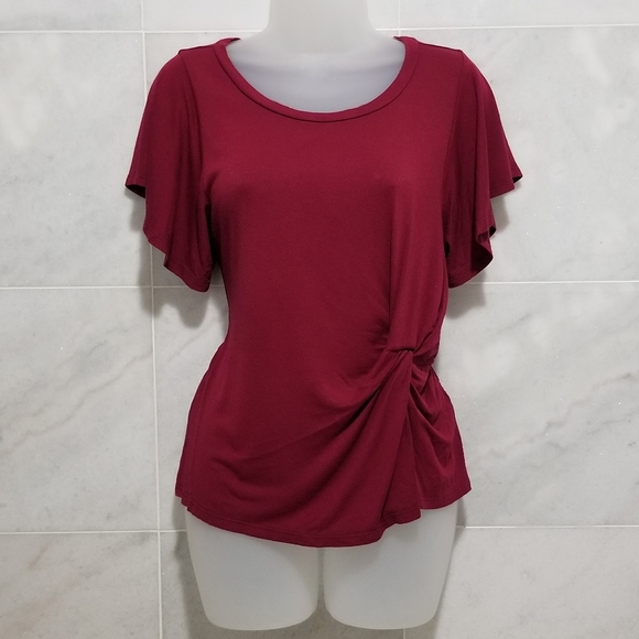 Slate & Willow Red Ruched Flutter Sleeve Top S - Picture 6 of 12